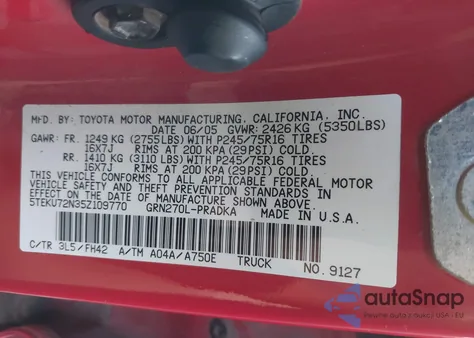 2005 Toyota Tacoma Prerunner V6 z USA, uszkodzony, nr VIN 5TEKU72N35Z109770